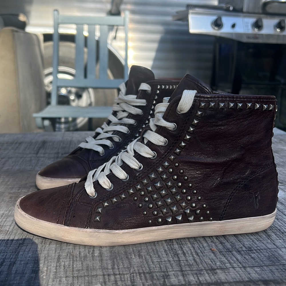 Frye “Kira”, studded, vintage leather,  high tops.  Distressed woman’s size 7.5